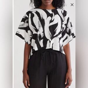 DKNY Linen-Blend Cropped Boxy Bold Pattern Top Size L